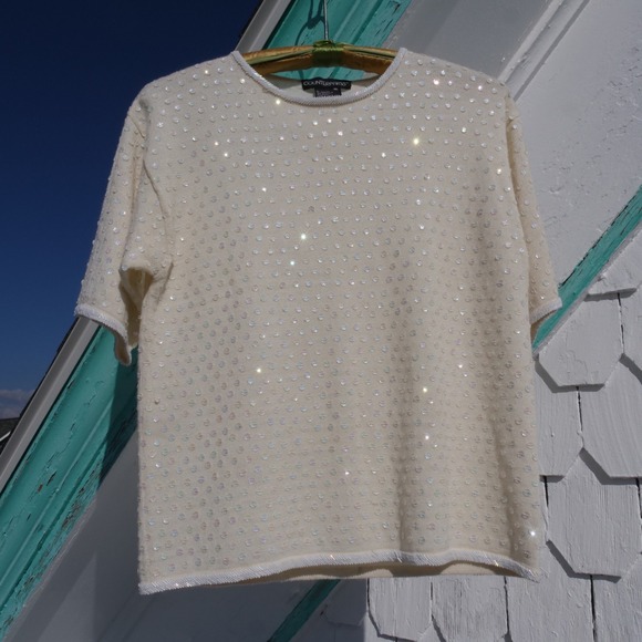 90s cream colored wool blend sweater with‎ iridescent sequins - Picture 1 of 7